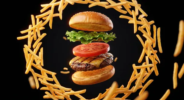 Ingredienti di un hamburger separati in aria e circondati da patatine fritte su fondo nero