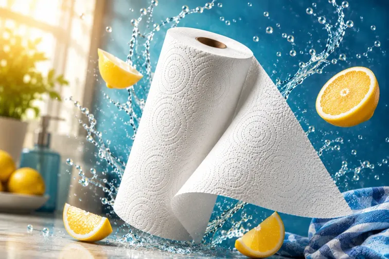 Rotolo di carta da cucina tra schizzi d'acqua e spicchi di limone