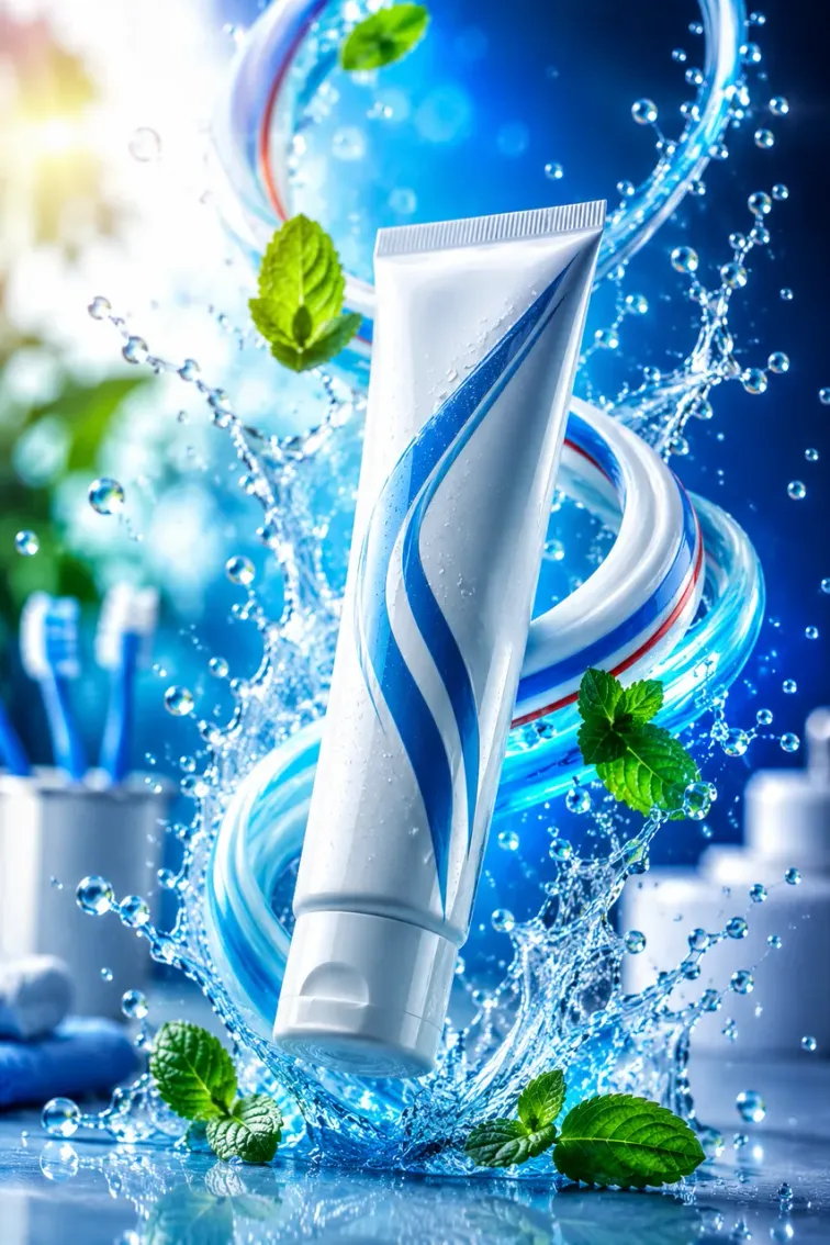 Tubetto di dentifricio bianco e blu circondato da schizzi d'acqua e foglie di menta
