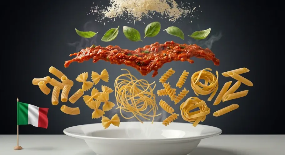 Formati di pasta sospesi sopra un piatto con sugo, basilico, parmigiano e bandiera italiana