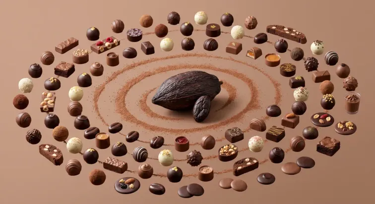 Fava di cacao al centro di una composizione circolare di cioccolatini e dolci al cioccolato