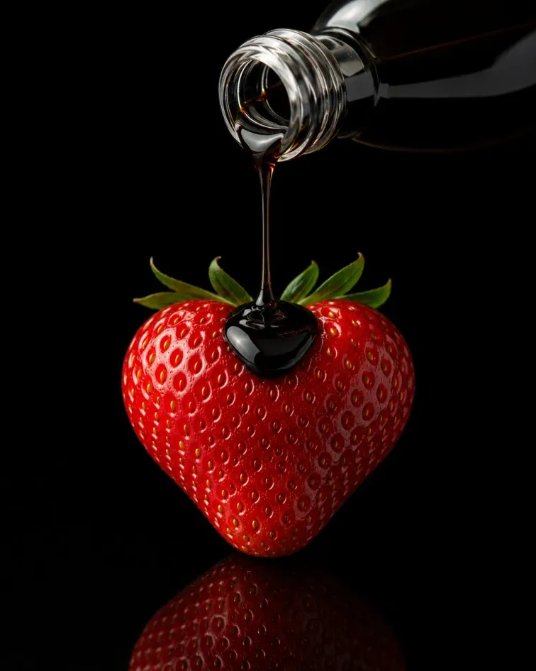 Condimento scuro versato da una bottiglia su una fragola a forma di cuore