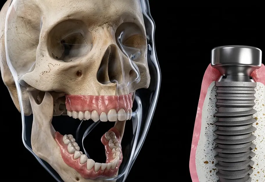 Modello anatomico del cranio e sezione di un impianto dentale inserito nell'osso