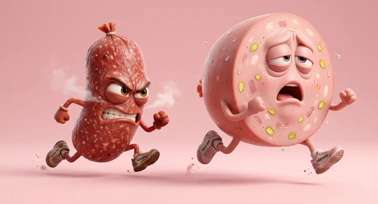 Salame arrabbiato che insegue una mortadella affaticata in una scena animata
