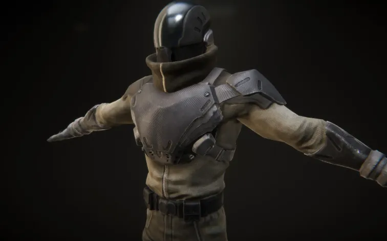 Personaggio da videogioco con casco nero e armatura grigia visto frontalmente