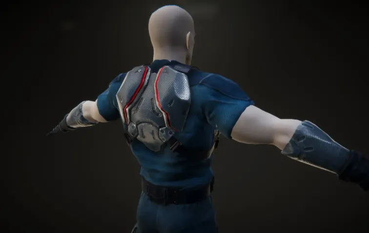 Personaggio da videogioco visto di spalle con armatura grigia e dettagli rossi