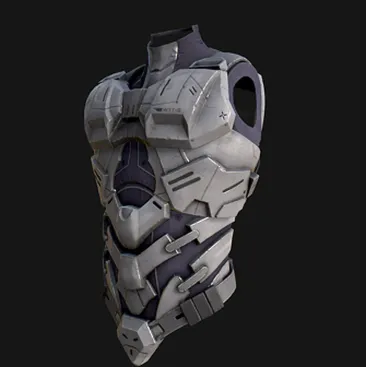 Torso di armatura futuristica grigia e viola visto frontalmente