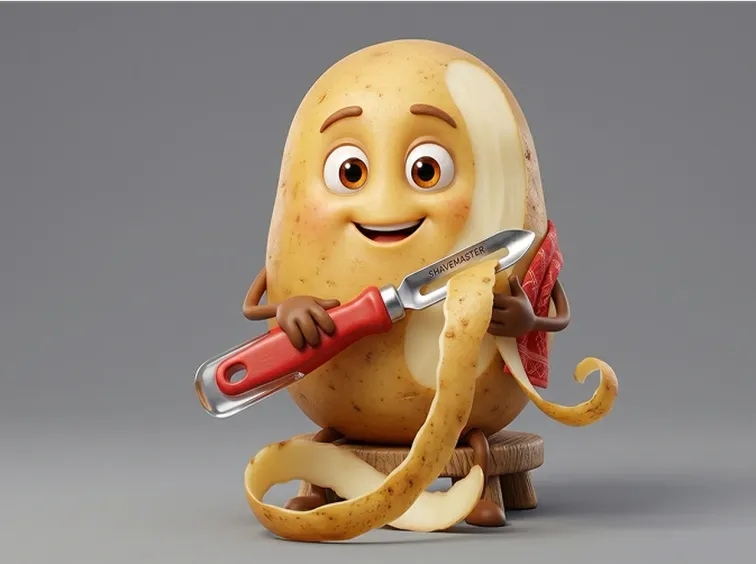Patata animata sorridente che si sbuccia con un pelapatate