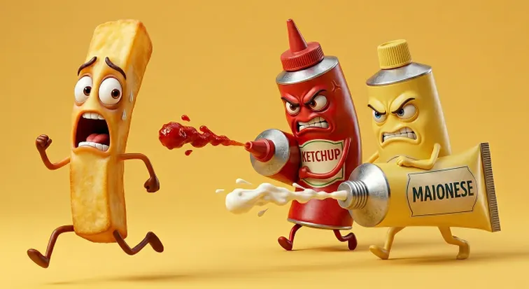 Bastoncino di patata spaventato inseguito da tubetti animati di ketchup e maionese