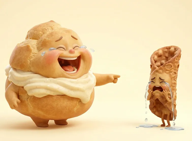 Bignè alla crema animato che ride indicando un cannolo in lacrime