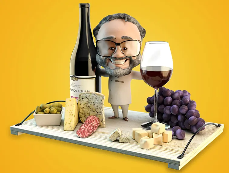 Personaggio 3D di Massimo Bottura tra vino, formaggi, salame, olive e uva