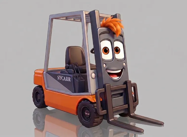 Mascotte Sycarr raffigurata come un carrello elevatore arancione sorridente