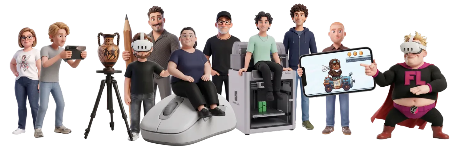 immagine al completo dello staff di Fabularis Lab rappresentato da personaggi animati