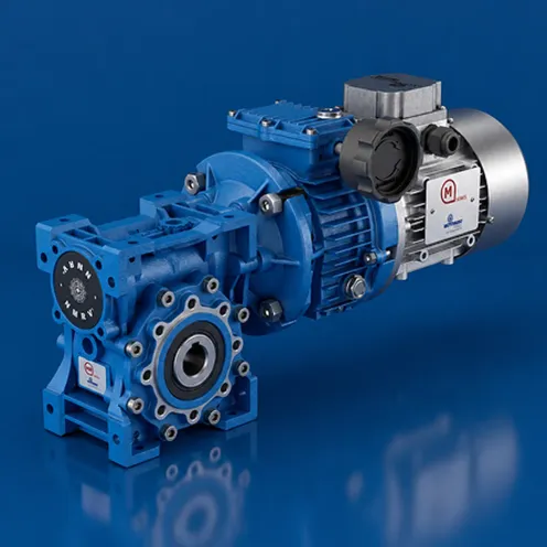 Motoriduttore Motovario blu con motore elettrico su fondo blu