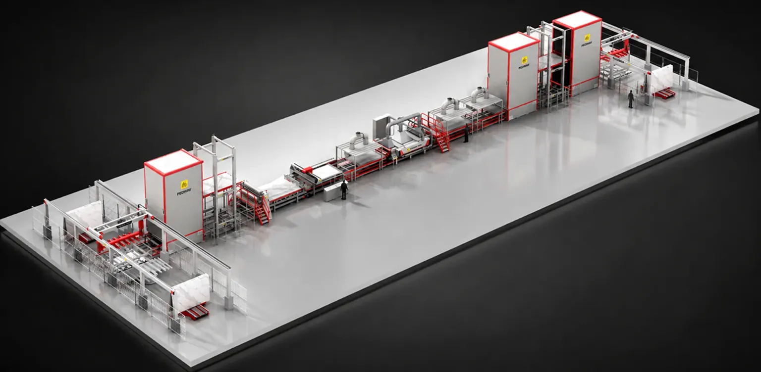 Layout completo di una linea industriale Pedrini per la lavorazione di grandi lastre