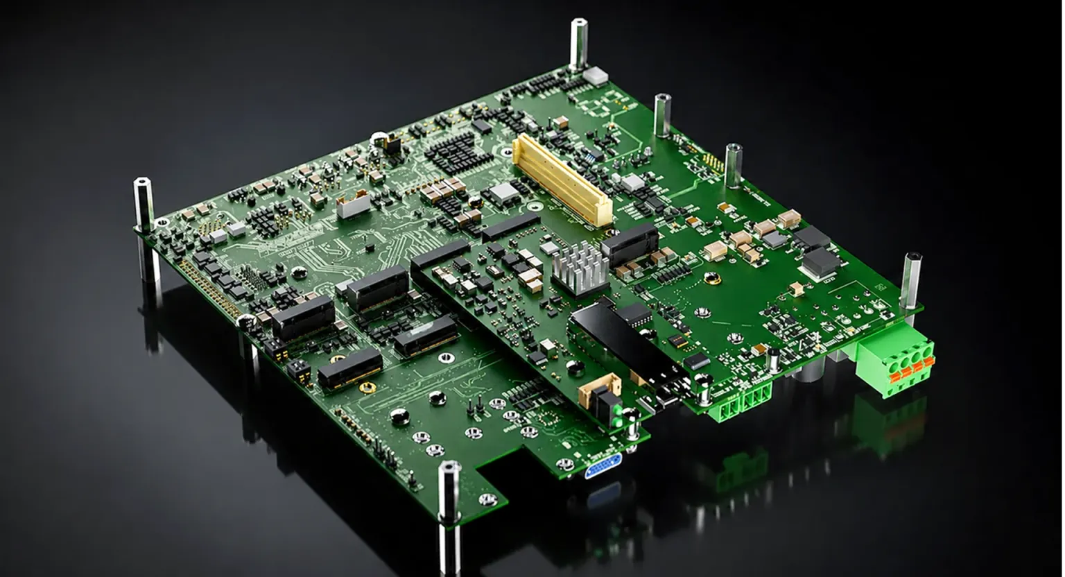 Gruppo di schede elettroniche verdi System Electronics su fondo nero