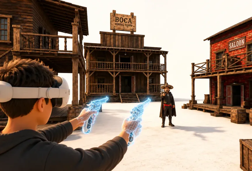 Giocatore con visore VR affronta un pistolero nella città western Boca Mining Town