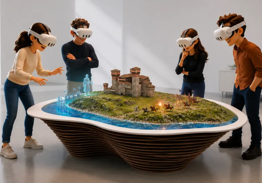Quattro persone con visori esplorano il plastico 3D della Rocca di Vignola animato da personaggi storici