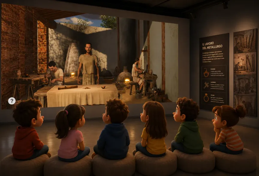 Bambini osservano un'installazione interattiva sulla lavorazione del metallo al Museo Civico di Castelfranco Emilia