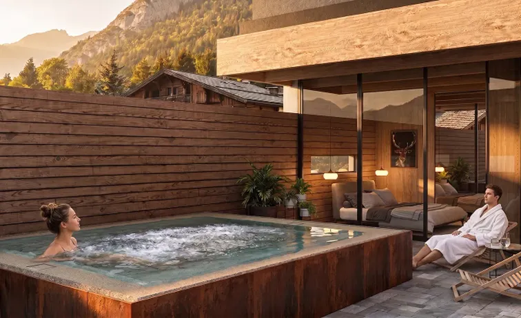 Piscina idromassaggio Biodesign in una terrazza alpina con due persone