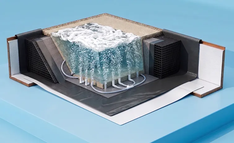 Sezione tecnica di una piscina Biodesign con impianto di aerazione e moduli strutturali