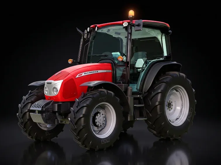 Trattore McCormick rosso visto di tre quarti su fondo nero