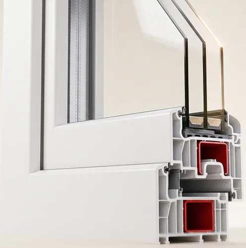 Sezione di un infisso bianco in PVC con vetrocamera tripla e camere interne rosse