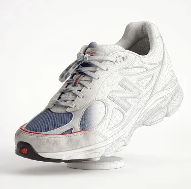 Scarpa New Balance acquisita in 3D, metà fotografica e metà visualizzata come mesh poligonale