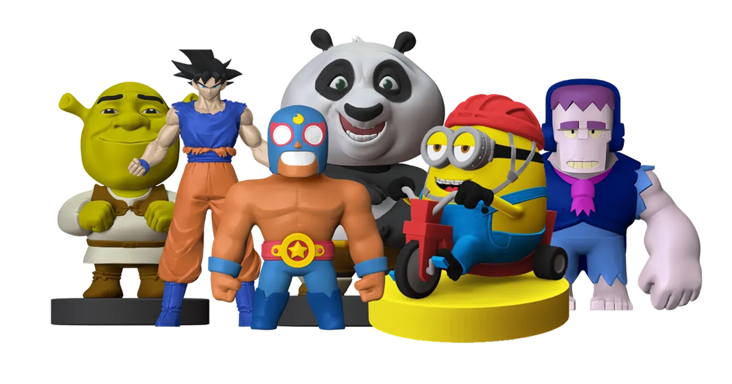 Gruppo di statuette 3D di personaggi cinematografici e animati