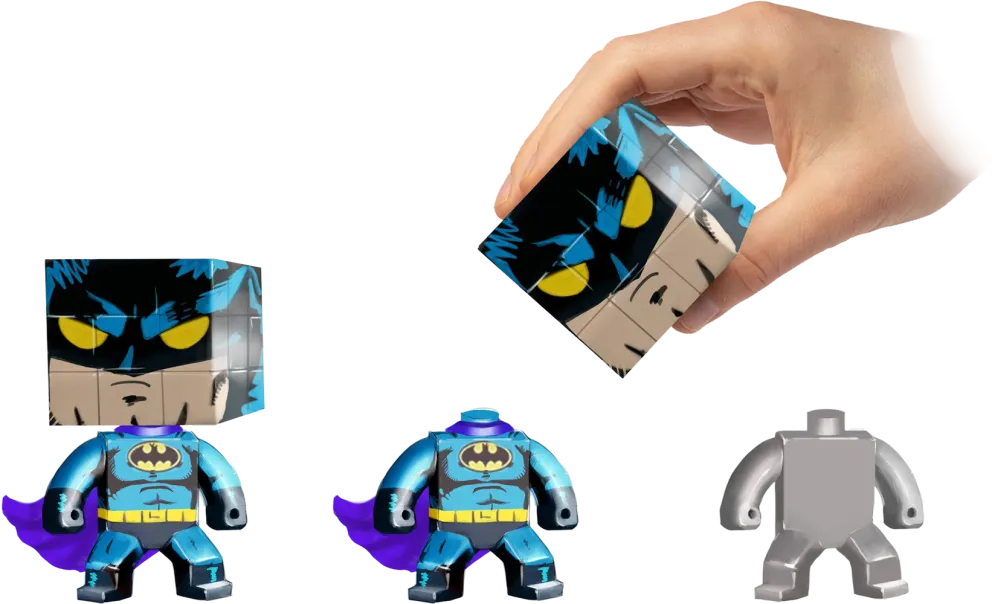 Prototipo di personaggio componibile in stile Batman, dal modello 3D al cubo decorato