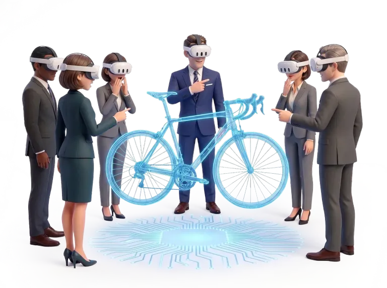 Sei professionisti con visori Vidis Pro esplorano insieme il modello olografico di una bicicletta